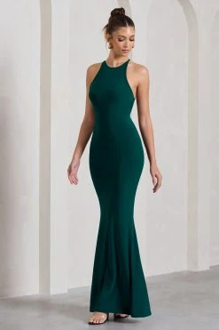 Brianna | Bottle Green Sleeveless Halter-Neck Open-Back Maxi Dress 13 Brianna | Bottle Green Sleeveless Halter-Neck Open-Back Maxi Dress -Dress Shop WB CL130003047 BriannaBottleGreenSleevelessHalter NeckOpen BackMaxiDress3