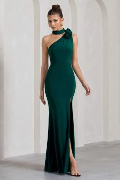 In Suspense | Bottle Green Asymmetric Halter-Neck Split Maxi Dress With Flower -Dress Shop WB CL130006047 InSuspenseBottleGreenAsymmetricHalter NeckSplitMaxiDressWithFlower1