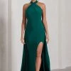 Intertwined | Bottle Green Halter-Neck Open-Back Split Maxi Dress With Scarf Detail 1 Intertwined | Bottle Green Halter-Neck Open-Back Split Maxi Dress With Scarf Detail -Dress Shop WB CL130008047 IntertwinedBottleGreenHalter NeckOpen BackSplitMaxiDressWithScarfDetail2