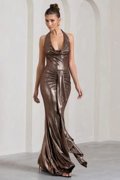 Kaia | Bronze Metallic Ruched Cowl-Neck Maxi Dress With Drape -Dress Shop WB CL130010021 KaiaBronzeMetallicRuchedCowl NeckMaxiDressWithDrape2