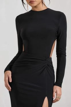 Miley | Black Long-Sleeve Open-Back Wrap Maxi Dress -Dress Shop WB CL130011002 MileyBlackLong SleeveOpen BackWrapMaxiDress5