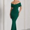 Dana | Bottle Green Bardot Maxi Dress With Short Gathered Sleeves
