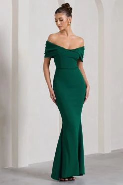 Dana | Bottle Green Bardot Maxi Dress With Short Gathered Sleeves -Dress Shop WB CL13001504 DanaBottleGreenBardotMaxiDressWithShortGatheredSleeves1