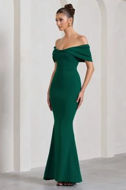 Dana | Bottle Green Bardot Maxi Dress With Short Gathered Sleeves -Dress Shop WB CL13001504 DanaBottleGreenBardotMaxiDressWithShortGatheredSleeves3
