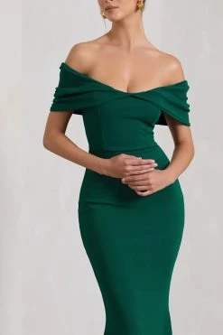 Dana | Bottle Green Bardot Maxi Dress With Short Gathered Sleeves -Dress Shop WB CL13001504 DanaBottleGreenBardotMaxiDressWithShortGatheredSleeves4