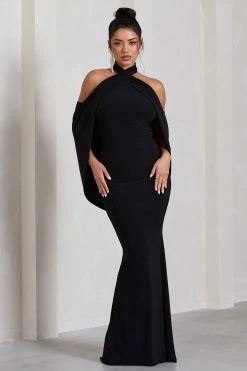 Revelation | Black Crossed Halter-Neck Fishtail Maxi Dress With Cape -Dress Shop WB CL130017002 RevelationBlackCrossedHalter NeckFishtailMaxiDressWithCape4