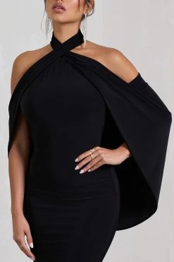 Revelation | Black Crossed Halter-Neck Fishtail Maxi Dress With Cape -Dress Shop WB CL130017002 RevelationBlackCrossedHalter NeckFishtailMaxiDressWithCape7