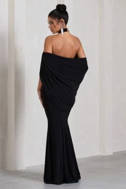 Revelation | Black Crossed Halter-Neck Fishtail Maxi Dress With Cape -Dress Shop WB CL130017002 RevelationBlackCrossedHalter NeckFishtailMaxiDressWithCape8