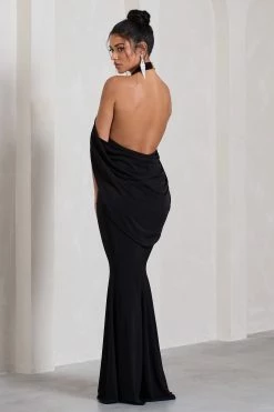Revelation | Black Crossed Halter-Neck Fishtail Maxi Dress With Cape -Dress Shop WB CL130017002 RevelationBlackCrossedHalter NeckFishtailMaxiDressWithCape9