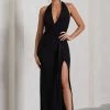 Tabloid Talk | Black Plunge Halter-Neck Maxi Dress With Twisted Drape -Dress Shop WB CL130023002 TabloidTalkBlackPlungeHalter NeckMaxiDressWithTwistedDrape0