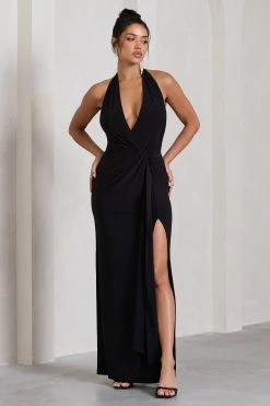 Tabloid Talk | Black Plunge Halter-Neck Maxi Dress With Twisted Drape 10 Tabloid Talk | Black Plunge Halter-Neck Maxi Dress With Twisted Drape -Dress Shop WB CL130023002 TabloidTalkBlackPlungeHalter NeckMaxiDressWithTwistedDrape1