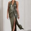 Tabloid Talk | Gold Metallic Plunge Halter-Neck Maxi Dress With Twisted Drape 2 Tabloid Talk | Gold Metallic Plunge Halter-Neck Maxi Dress With Twisted Drape -Dress Shop WB CL130024007 TabloidTalkGoldMetallicPlungeHalter NeckMaxiDressWithTwistedDrape0