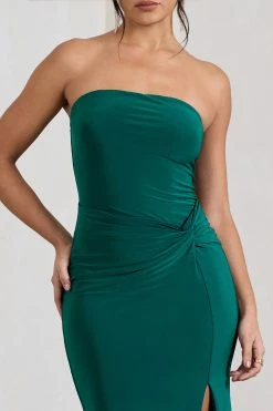 Dawning | Bottle Green Bandeau Knotted Split Maxi Dress -Dress Shop WB CL130025047 DawningBottleGreenBandeauKnottedSplitMaxiDress2