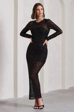 Elenora | Black Sheer Embellished Bodycon Long-Sleeve Maxi Dress -Dress Shop WB CL130034002 ElenoraBlackSheerEmbellishedBodyconLong SleeveMaxiDress0