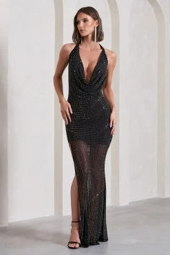 Diaz | Black Embellished Cowl-Neck Split Maxi Dress 10 Diaz | Black Embellished Cowl-Neck Split Maxi Dress -Dress Shop WB CL130039002 DiazBlackEmbellishedCowl NeckSplitMaxiDress4