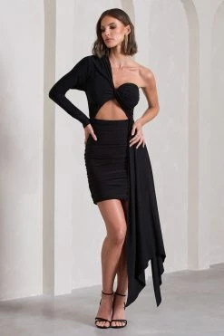 Cecelia | Black Ruched One-Sleeve Twist Mini Dress With Drape 11 Cecelia | Black Ruched One-Sleeve Twist Mini Dress With Drape -Dress Shop WB CL130041002 CeceliaBlackRuchedOne SleeveTwistMiniDressWithDrape4