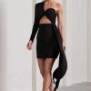 Cecelia | Black Ruched One-Sleeve Twist Mini Dress With Drape -Dress Shop WB CL130041002 CeceliaBlackRuchedOne SleeveTwistMiniDressWithDrape9