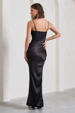 In Attendance | Black Satin Draped Corset Split Maxi Dress 10 In Attendance | Black Satin Draped Corset Split Maxi Dress -Dress Shop WB CL130051002 InAttendanceBlackSatinDrapedCorsetSplitMaxiDress12