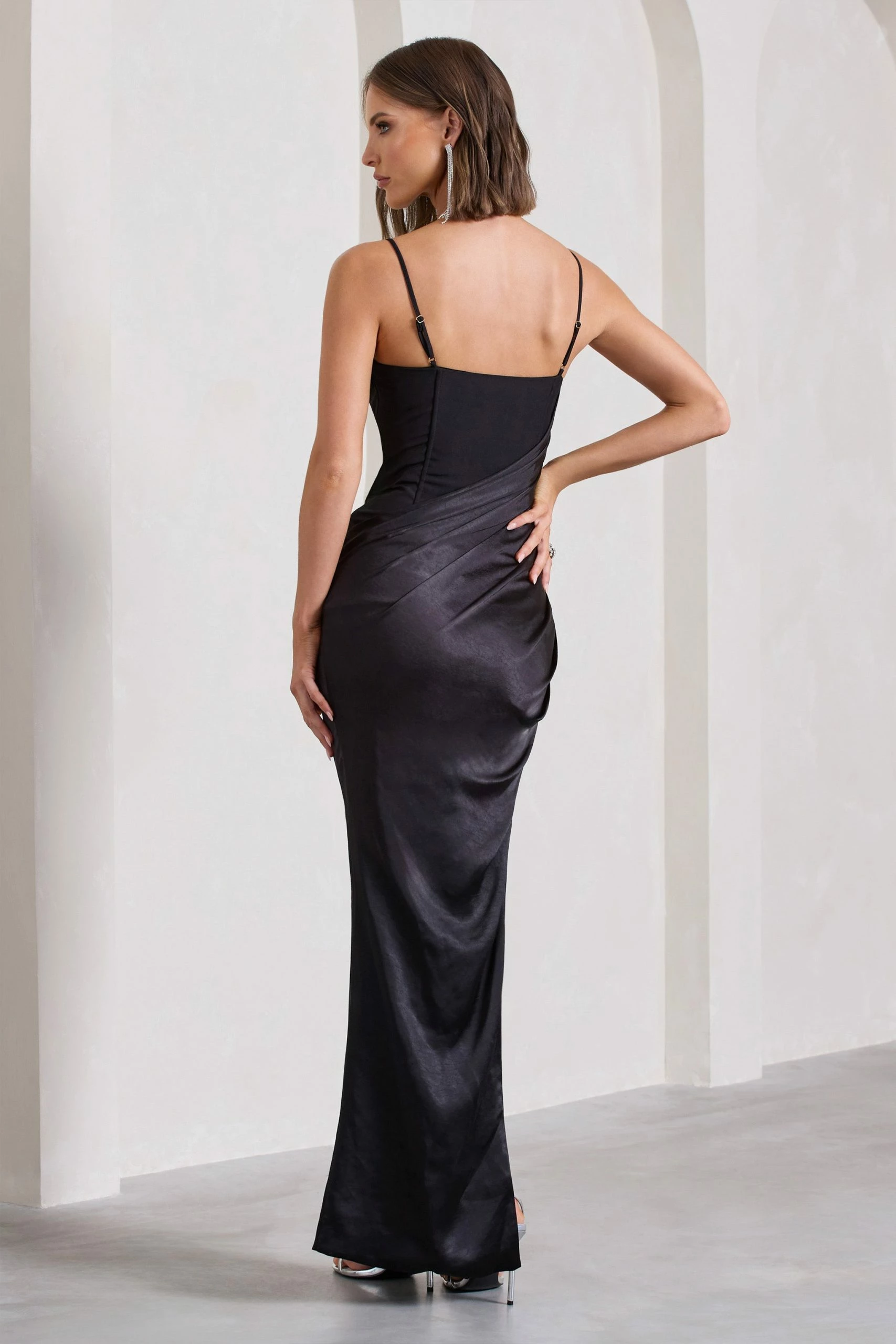 In Attendance | Black Satin Draped Corset Split Maxi Dress 5 In Attendance | Black Satin Draped Corset Split Maxi Dress - Image 3