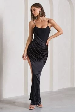 In Attendance | Black Satin Draped Corset Split Maxi Dress 11 In Attendance | Black Satin Draped Corset Split Maxi Dress -Dress Shop WB CL130051002 InAttendanceBlackSatinDrapedCorsetSplitMaxiDress5