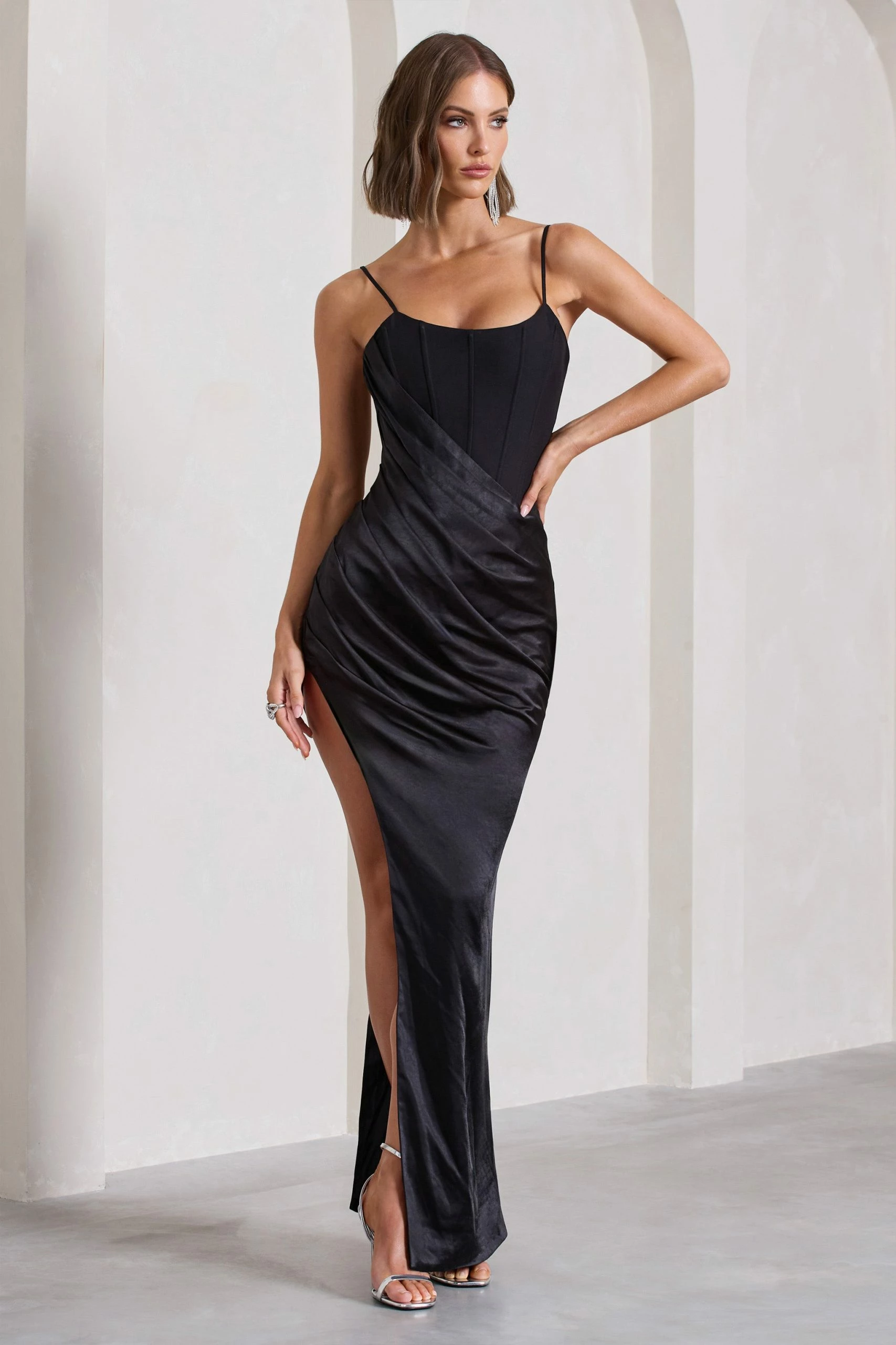In Attendance | Black Satin Draped Corset Split Maxi Dress 3 In Attendance | Black Satin Draped Corset Split Maxi Dress