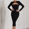 Disconnect | Black Bodycon Twist Neck Midi Dress With Strappy Back