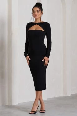 Disconnect | Black Bodycon Twist Neck Midi Dress With Strappy Back -Dress Shop WB CL130053002 DisconnectBlackBodyconTwistNeckMidiDressWithStrappyBack2