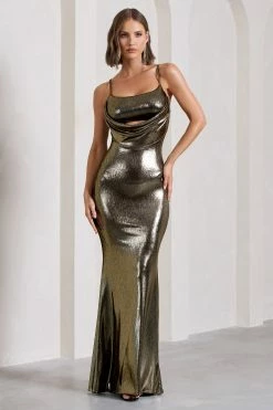 Hilton | Gold Metallic Strappy Cowl-Neck Maxi Dress -Dress Shop WB CL130054007 HiltonGoldMetallicStrappyCowl NeckMaxiDress2