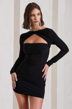 Stassi | Black Bodycon Twist Neck Mini Dress With Strappy Back 11 Stassi | Black Bodycon Twist Neck Mini Dress With Strappy Back -Dress Shop WB CL130055002 StassiBlackBodyconTwistNeckMiniDressWithStrappyBack12