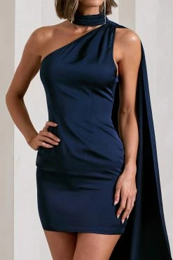 Natalie | Navy Satin Asymmetric Mini Dress With Scarf Detail -Dress Shop WB CL130073015 NatalieNavySatinAsymmetricMiniDressWithScarfDetail2copy