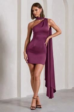 Natalie | Plum Satin Asymmetric Mini Dress With Scarf Detail 8 Natalie | Plum Satin Asymmetric Mini Dress With Scarf Detail -Dress Shop WB CL130073101 NataliePlumSatinAsymmetricMiniDressWithScarfDetail0copy