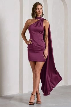 Natalie | Plum Satin Asymmetric Mini Dress With Scarf Detail 9 Natalie | Plum Satin Asymmetric Mini Dress With Scarf Detail -Dress Shop WB CL130073101 NataliePlumSatinAsymmetricMiniDressWithScarfDetail2copy