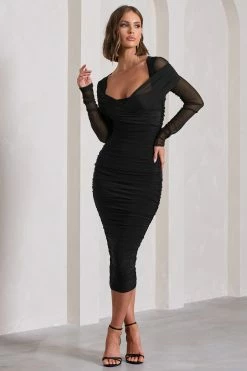 Between The Lines | Black Ruched Mesh Long-Sleeved Bodycon Midi Dress 11 Between The Lines | Black Ruched Mesh Long-Sleeved Bodycon Midi Dress -Dress Shop WB CL130077002 BetweenTheLines BlackRuchedMeshLong SleevedBodyconMidiDressBLACK2
