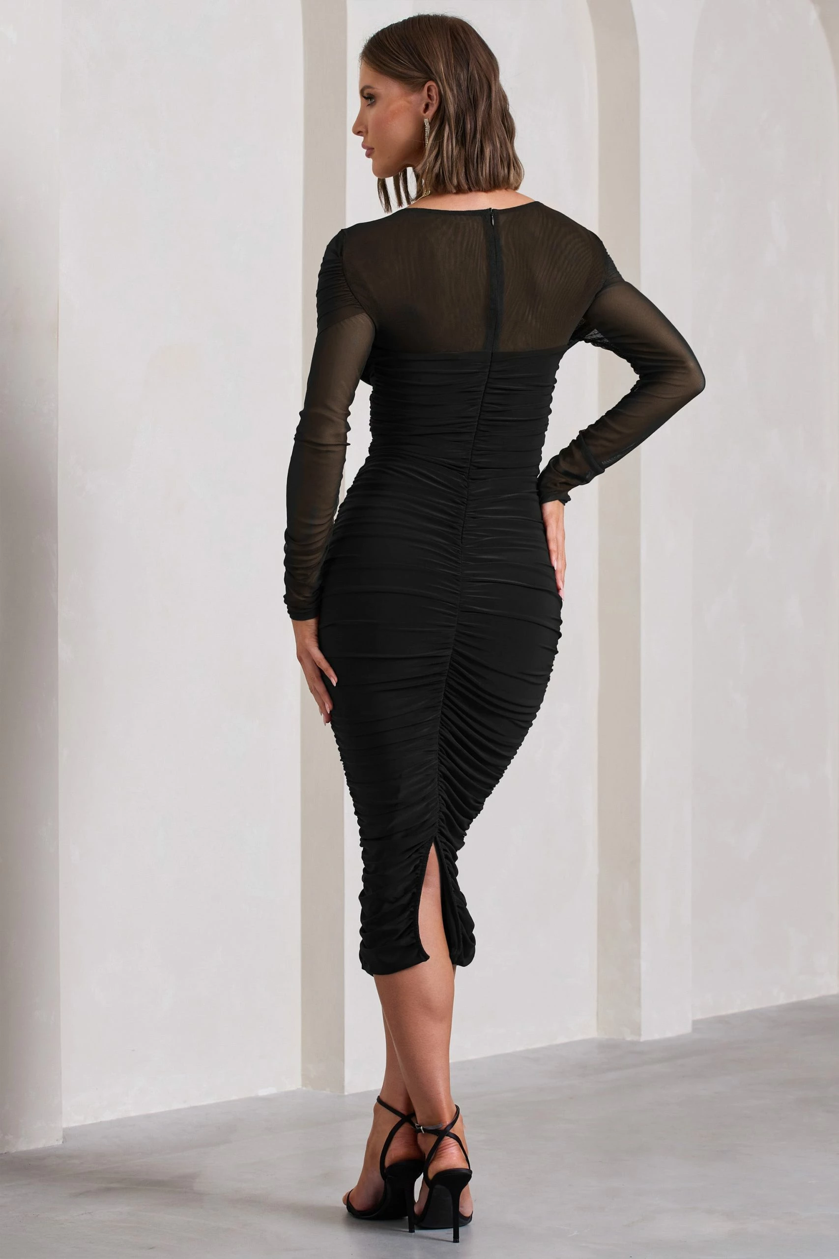 Between The Lines | Black Ruched Mesh Long-Sleeved Bodycon Midi Dress 4 Between The Lines | Black Ruched Mesh Long-Sleeved Bodycon Midi Dress - Image 2