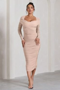 Between The Lines | Nude Ruched Mesh Long-Sleeved Bodycon Midi Dress -Dress Shop WB CL130077059 BetweenTheLinesNudeRuchedMeshLong SleevedBodyconMidiDress2