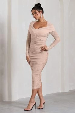 Between The Lines | Nude Ruched Mesh Long-Sleeved Bodycon Midi Dress -Dress Shop WB CL130077059 BetweenTheLinesNudeRuchedMeshLong SleevedBodyconMidiDress3