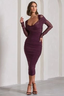 Between The Lines | Plum Ruched Mesh Long-Sleeved Bodycon Midi Dress -Dress Shop WB CL130077101 BetweenTheLinesPlumRuchedMeshLong SleevedBodyconMidiDress3