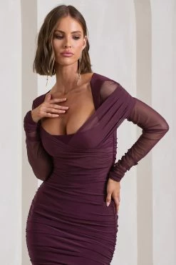 Between The Lines | Plum Ruched Mesh Long-Sleeved Bodycon Midi Dress -Dress Shop WB CL130077101 BetweenTheLinesPlumRuchedMeshLong SleevedBodyconMidiDress8