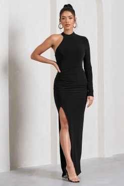 Alina | Black Ruched High-Neck Asymmetric Split Maxi Dress -Dress Shop WB CL132000002 AlinaBlackRuchedHigh NeckAsymmetricSplitMaxiDress0
