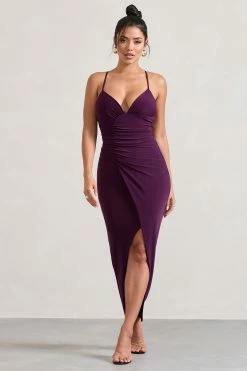 Enamour | Plum Strappy Plunge-Neck Wrap Maxi Dress -Dress Shop WB CL132002069 EnamourPlumStrappyPlunge NeckWrapMaxiDress2