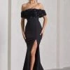 Amanza | Black Bardot Split Fishtail Maxi Dress With Flowers 2 Amanza | Black Bardot Split Fishtail Maxi Dress With Flowers -Dress Shop WB CL132040002 AmanzaBlackBardotSplitFishtailMaxiDressWithFlowers1