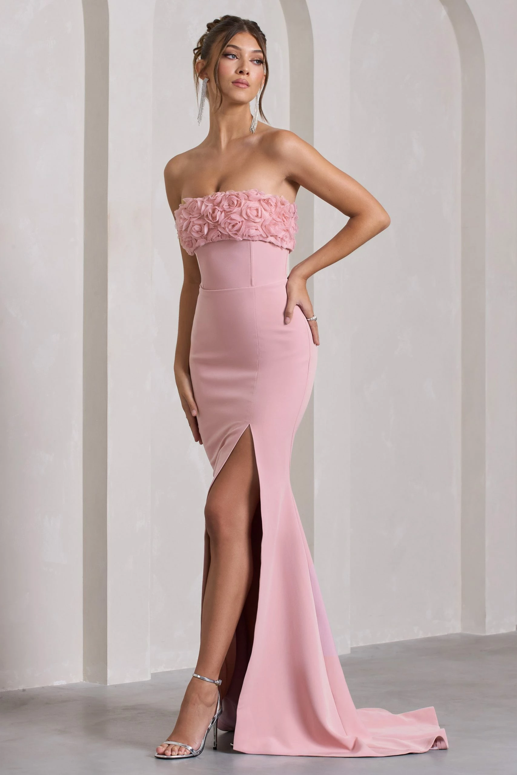 Allegra | Pink Bandeau Split Fishtail Maxi Dress With Flowers 6 Allegra | Pink Bandeau Split Fishtail Maxi Dress With Flowers - Image 4
