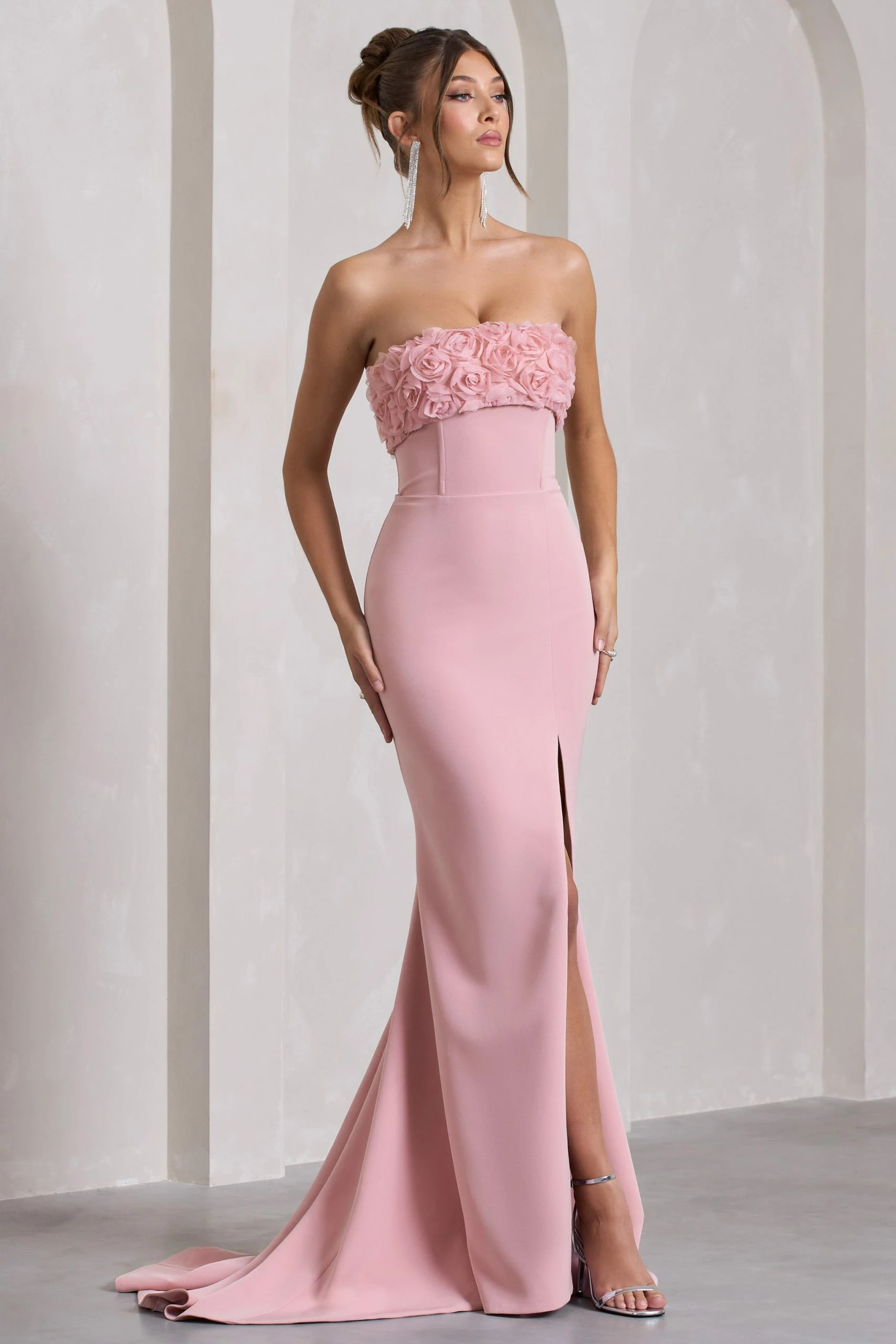 Allegra | Pink Bandeau Split Fishtail Maxi Dress With Flowers 7 Allegra | Pink Bandeau Split Fishtail Maxi Dress With Flowers - Image 5