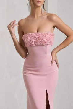 Allegra | Pink Bandeau Split Fishtail Maxi Dress With Flowers 10 Allegra | Pink Bandeau Split Fishtail Maxi Dress With Flowers -Dress Shop WB CL132045112 AllegraPinkBandeauSplitFishtailMaxiDressWithFlowers6