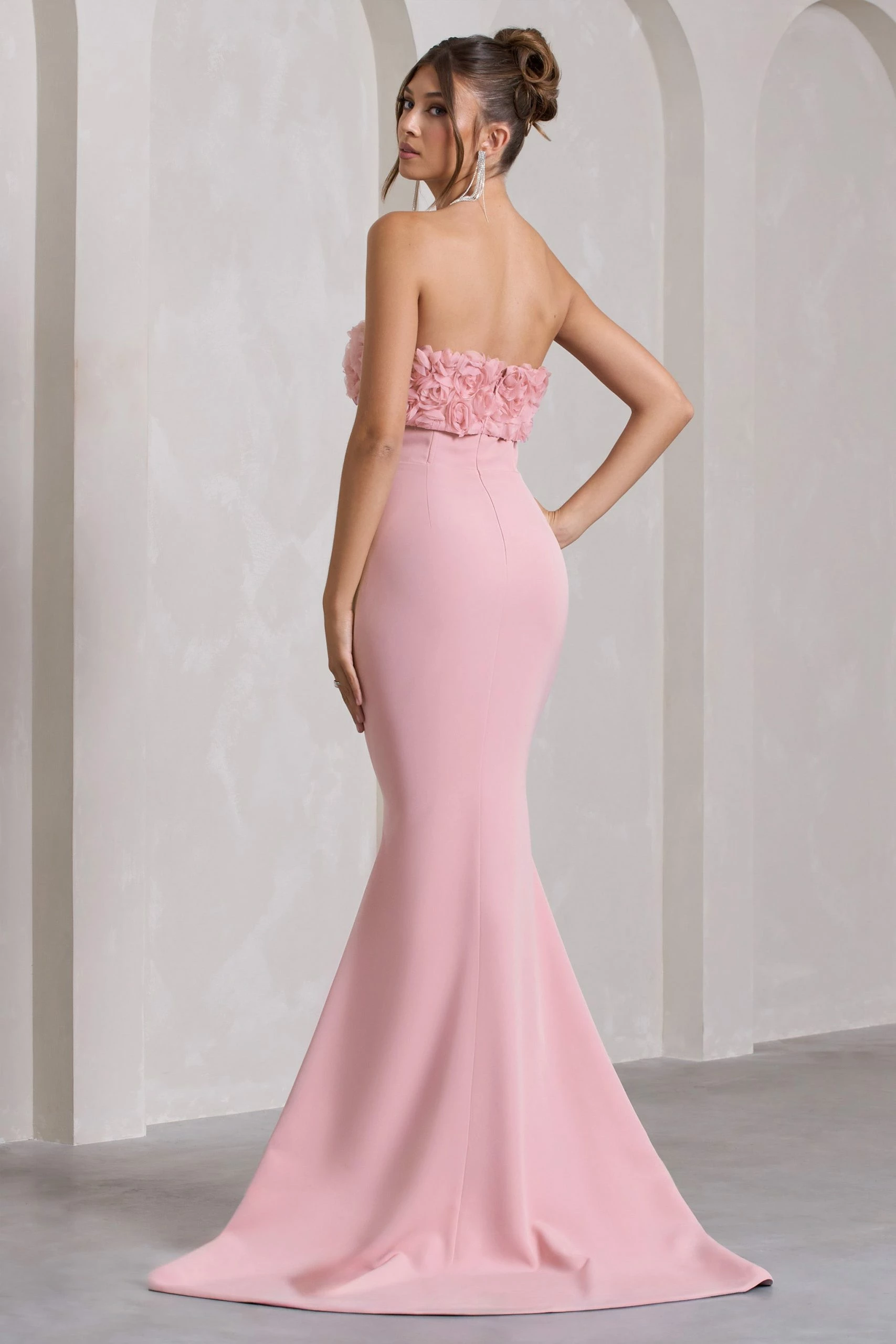 Allegra | Pink Bandeau Split Fishtail Maxi Dress With Flowers 4 Allegra | Pink Bandeau Split Fishtail Maxi Dress With Flowers - Image 2