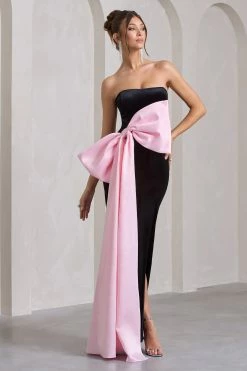 Best Wishes | Black Velvet Bandeau Split Maxi Dress With Oversized Pink Bow -Dress Shop WB CL132047002 BestWishesBlackVelvetBandeauSplitMaxiDressWithOversizedPinkBow1