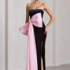 Best Wishes | Black Velvet Bandeau Split Maxi Dress With Oversized Pink Bow