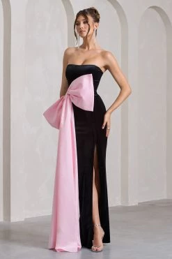 Best Wishes | Black Velvet Bandeau Split Maxi Dress With Oversized Pink Bow -Dress Shop WB CL132047002 BestWishesBlackVelvetBandeauSplitMaxiDressWithOversizedPinkBow5