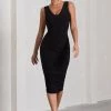Out Of Love | Black Ruched Bodycon Plunge-Neck Midi Dress -Dress Shop WB CL132053002 OutOfLoveBlackRuchedBodyconPlunge NeckMidiDress0