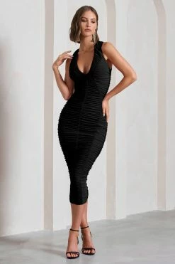 Tempting Fate | Black Ruched Bodycon V-Neck Midi Dress -Dress Shop WB CL132219002 TemptingFateBlackRuchedBodyconV NeckMidiDress2 f1dfb389 c8f9 4d27 94aa 5477f0bbf244